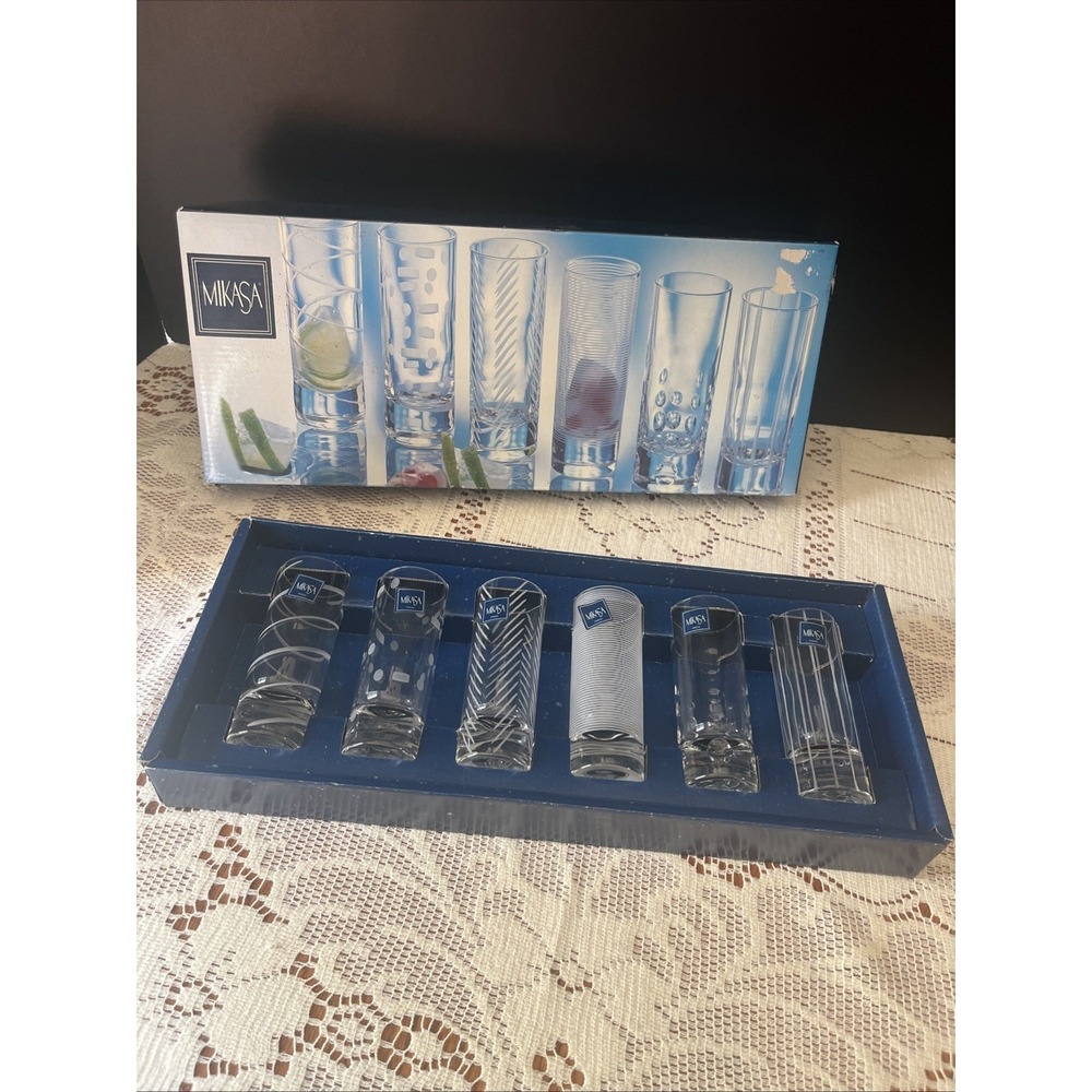 Mikasa CHEERS Collection Set 6 Etched Designs Crystal Shot Glasses 4" 2oz NIB - Picture 3 of 6